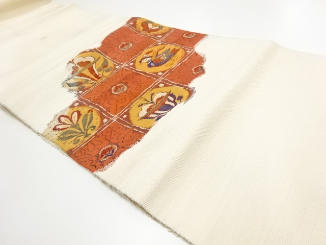 アンティーク　手織り紬格子に花鳥模様織り出し名古屋帯